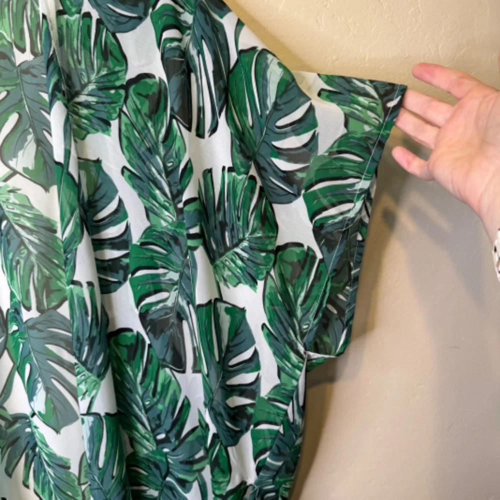 Monstera Palm Print Tropical Botanical Pattern Tassel Sheer Open Front Kimono